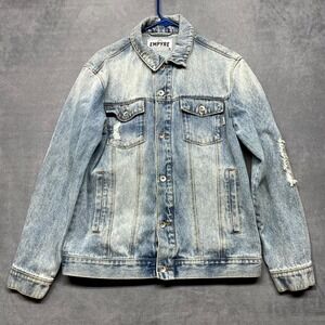 Empyre Trucker Jacket Mens Medium Blue Embroidered Denim Distressed Button Front